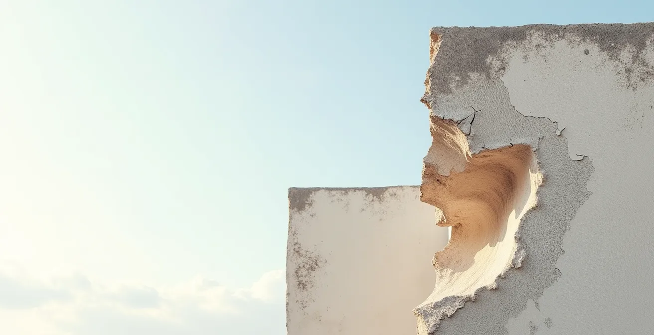 Vue en coupe d'un mur montrant le décollement progressif de l'enduit causé par des infiltrations d'eau invisibles