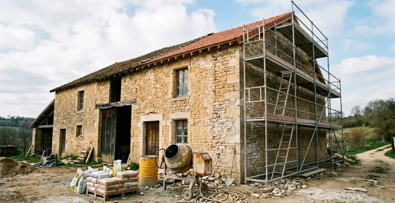 Façade d'une grange ancienne en pierre avec échafaudage de rénovation