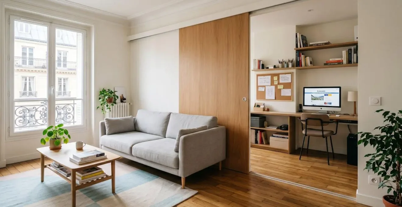 Appartement contemporain avec cloison coulissante amovible séparant salon et bureau, optimisation modulaire de l'espace intérieur