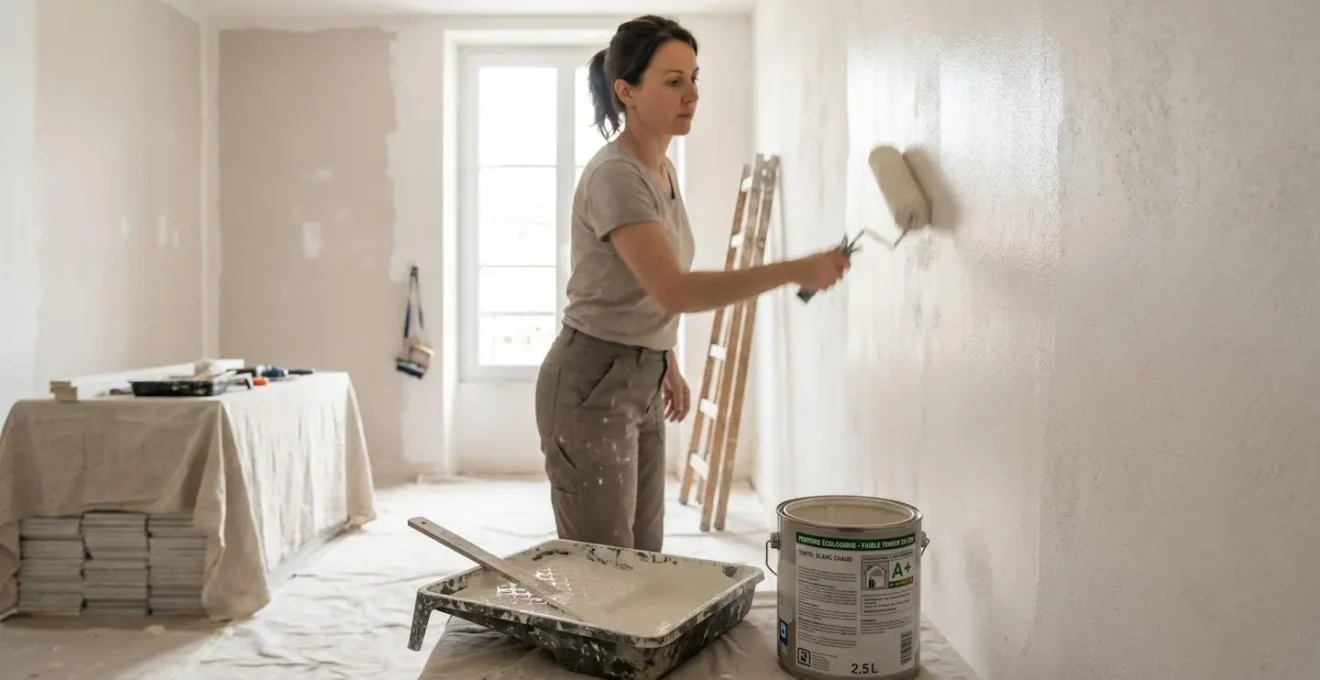 Artisan appliquant au rouleau une peinture écologique étiquetée A+ sur un mur intérieur lumineux, chantier de rénovation résidentiel