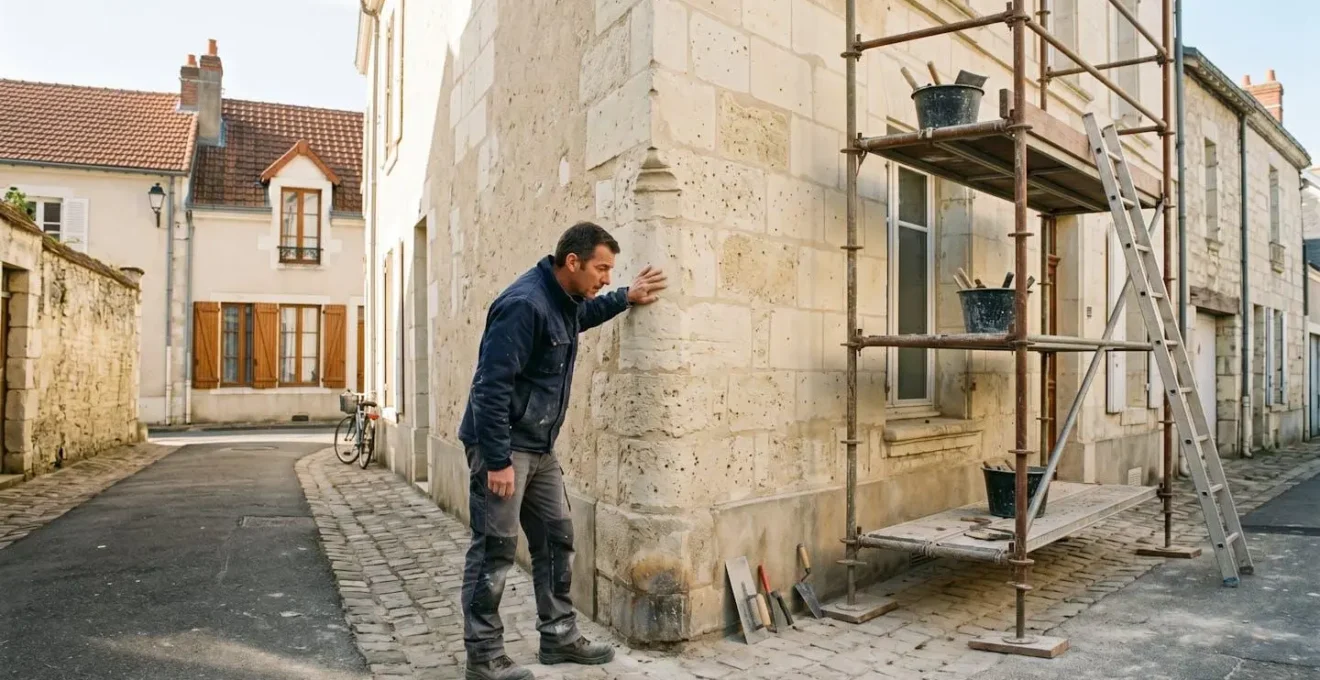 Artisan examinant attentivement le mur en pierre de tuffeau d'une maison ancienne en cours de rénovation à Tours, échafaudage visible sur la façade
