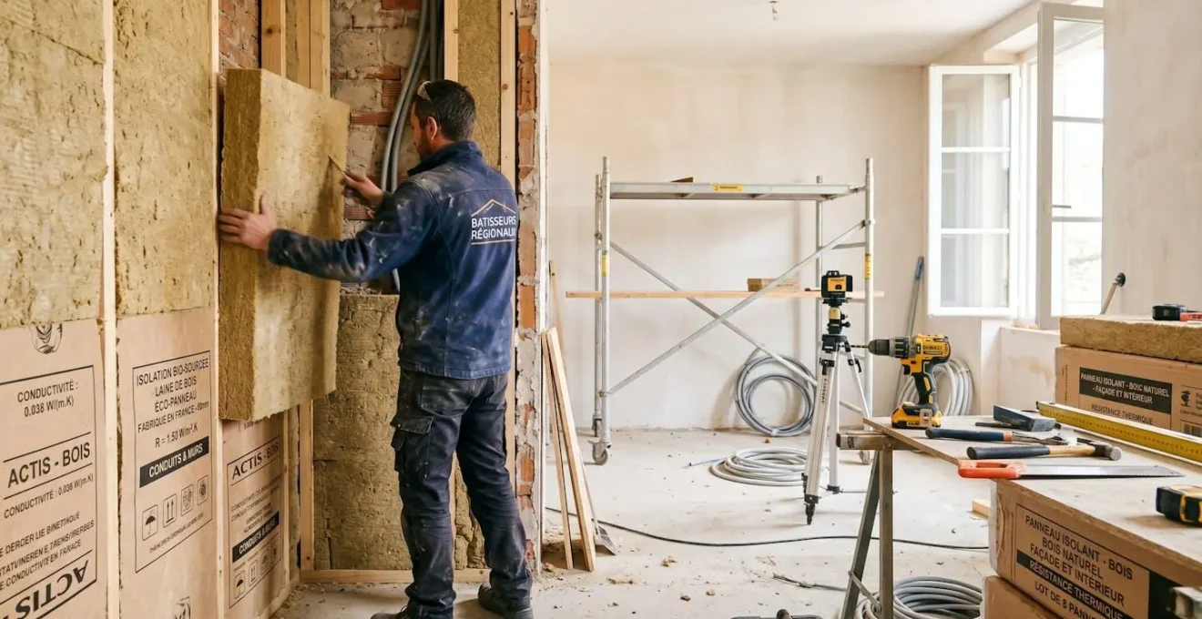 Artisan installant des panneaux d'isolation biosourcée en laine de bois sur un chantier de rénovation intérieure lumineux, outils professionnels et matériaux écologiques visibles