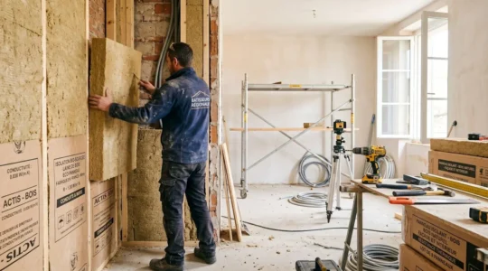 Artisan installant des panneaux d'isolation biosourcée en laine de bois sur un chantier de rénovation intérieure lumineux, outils professionnels et matériaux écologiques visibles