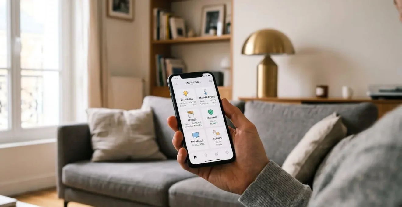 Main tenant une tablette affichant une interface de pilotage domotique en français dans un salon moderne, contrôle éclairage et thermostat