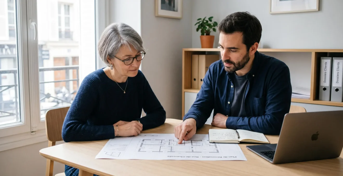 Propriétaire d'environ 50 ans et conseiller en rénovation examinant ensemble des plans techniques sur une table de bureau, dans un cadre lumineux et professionnel
